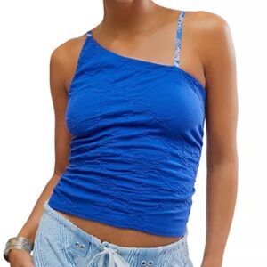 Free People Blue Gracie Slim Fit Asymmetrical Neckline Textured CasualTank Top M